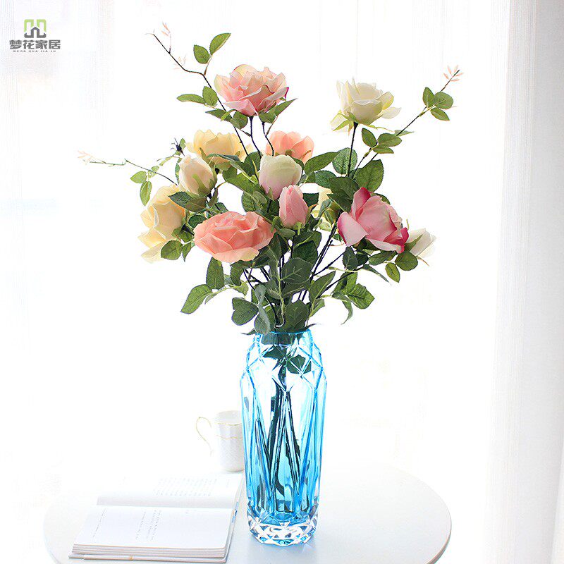 Glass Vase Transparent Flower Arrangement Rose Bouquet Mediterranean Table Flower Art Pendulum emulated flower fake flower Living room furnishing