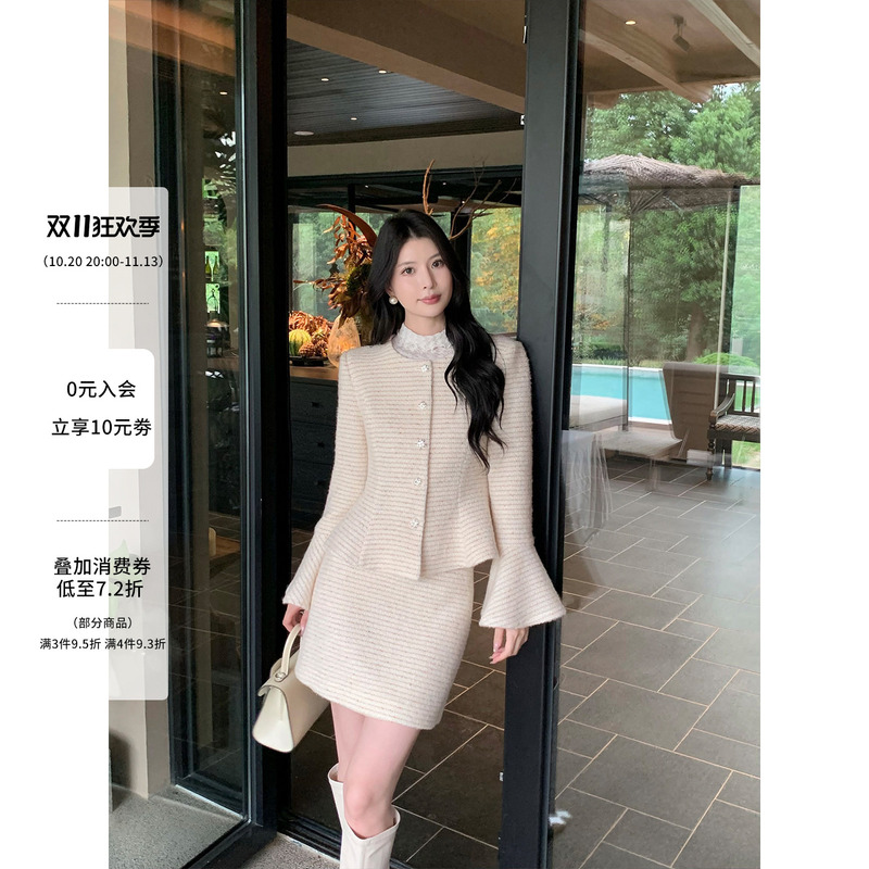 Kun Zong [Li Si's Daughter] Little Chanel Style Suit for Women, Autumn 2026 New Wool Coat and A-Line Short Skirt Two-Piece Set