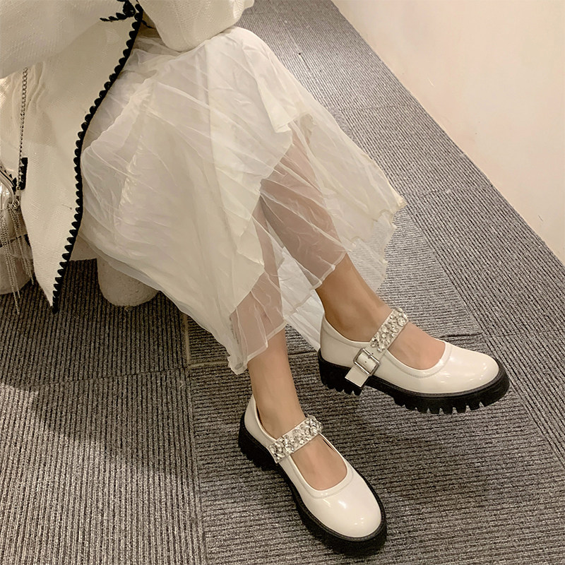 One word with thick bottom Mary Jane shoes small leather shoes women's summer ugly cute white heightened thick heel French retro middle heel single shoes