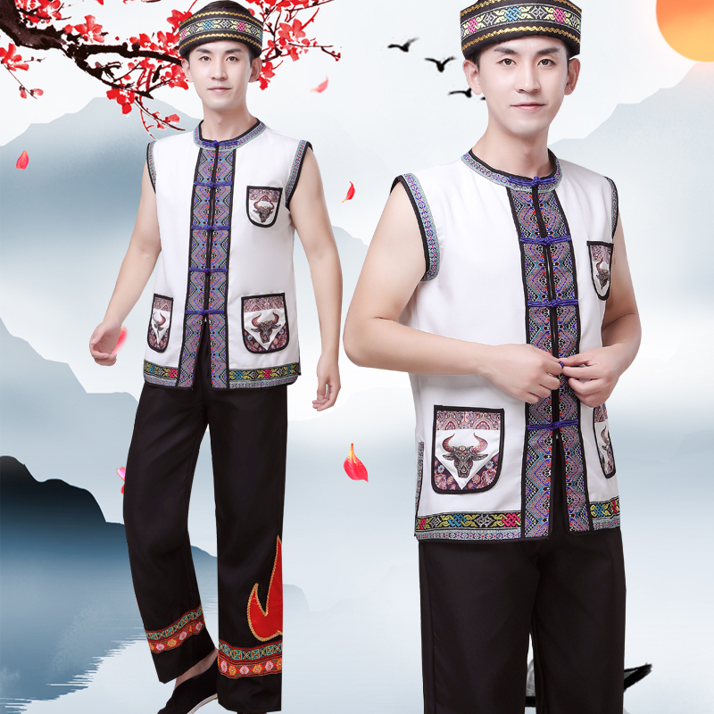 Adult Men's Miao and Zhuang Ethnic Performance Costumes, Traditional Yunnan Ethnic Minority Yi Suit, Huilu Performance Costume for Summer Adult Men's Miao and Zhuang Ethnic Performance Costumes, Traditional Yunnan Ethnic Minority Yi Suit, Huilu Performance Costume for Summer