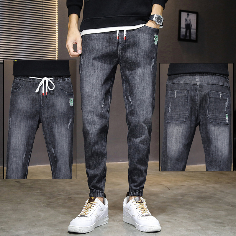 Summer tightness waist jeans Men's style bunches 2022 new trends Han version Drawing Rope Casual Little Feet 100 hitch pants