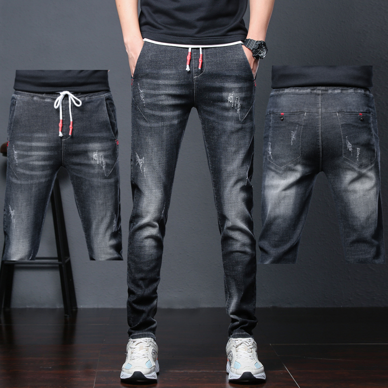 Jeans Men's trousers Long pants Summer tightness waist elastic body Casual Tide Korean version Straight tube Oak smoke tube pants