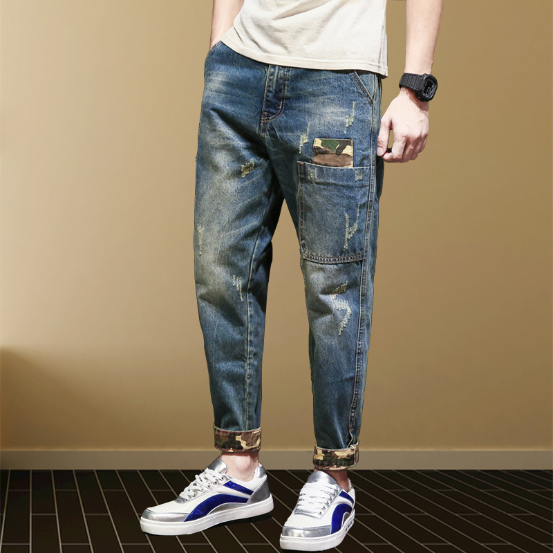Summer jeans Men's loose Harun Pants Day Ensemble Retro Bunch Foot camouflage Garching up the code trend Little foot long pants