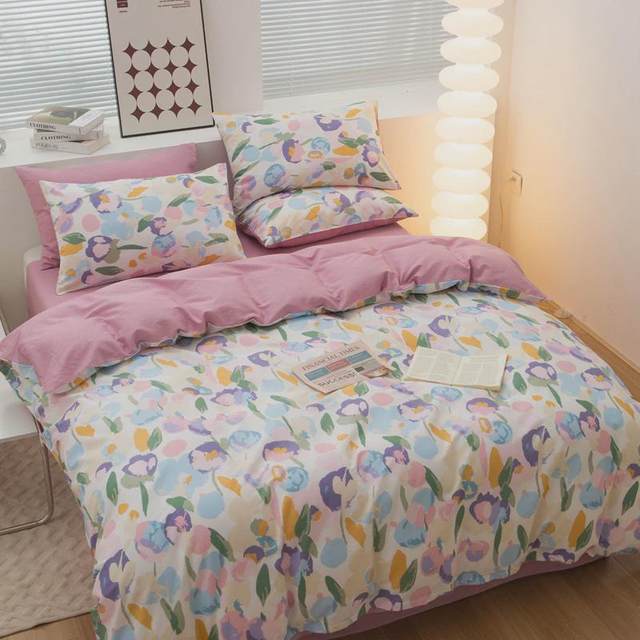 Single and double cotton four-piece set printed twill manufacturer direct sales bed sheet quilt cover pillow cover student bed sheet style three-piece set