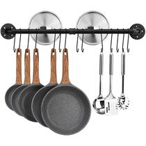 American kitchen iron water pipe pot cover rack kitchen storage rack wall-mounted with hook wall one-word pendant rack