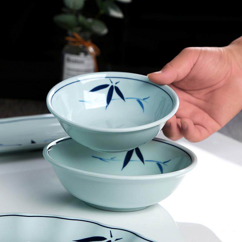 密胺斗笠碗反口面碗面馆尖底宽口蓝竹叶早餐碗塑料汤粉碗米线碗