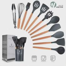 Manufacturer in stock Amazon dark gray wooden handle silicone kitchen utensils European non-stick kitchen tool baking set