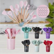 Non-stick kitchen utensils cooking set with storage bucket wooden handle silicone kitchen utensils 11-piece set