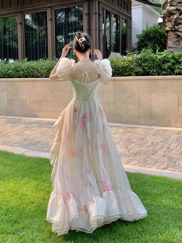 French Court-Style Heavy Floral Puff-Sleeve Dress, Super Fairy-Like, Sweet and High-End, Runaway Princess Dress, Tutu Skirt