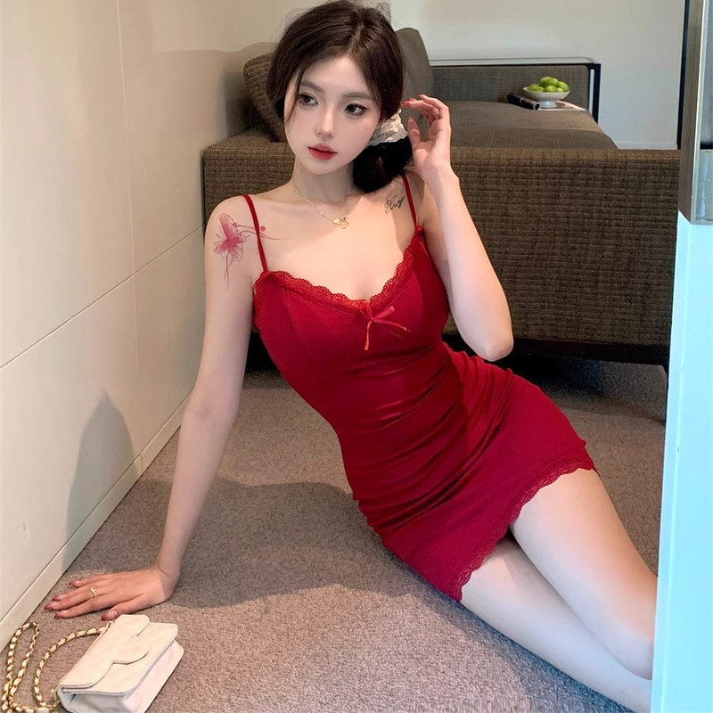 Sexy Pajamas Red Lace Suspender Dress Women's Summer Pure Desire Temptation Tight Hip-Hugging Skirt Short Skirt Sexy Pajamas Red Lace Suspender Dress Women's Summer Pure Desire Temptation Tight Hip-Hugging Skirt Short Skirt
