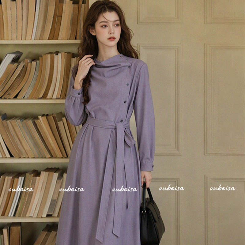Intellectual Style Purple Draped Collar Dress for Women 2026 New Autumn French High-End Diagonal Collar Waist-Cinching Long Dress Intellectual Style Purple Draped Collar Dress for Women 2026 New Autumn French High-End Diagonal Collar Waist-Cinching Long Dress