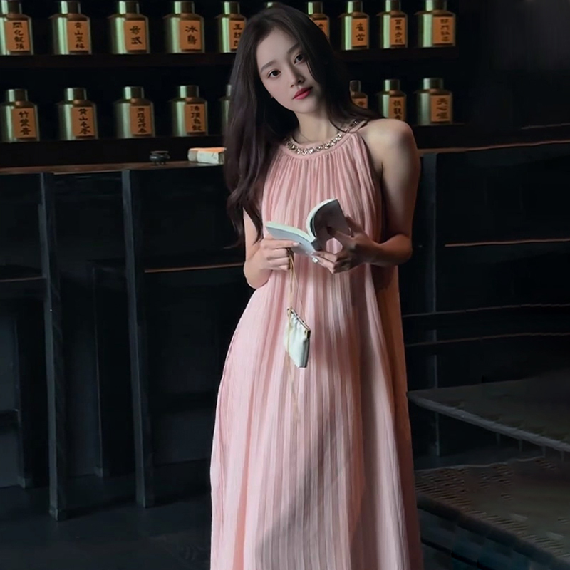 Moonlight Pink Sheer Sleeveless Dress Summer Women's 2026 New Style Seaside Vacation Super Fairy-Like High-End Banquet Long Dress