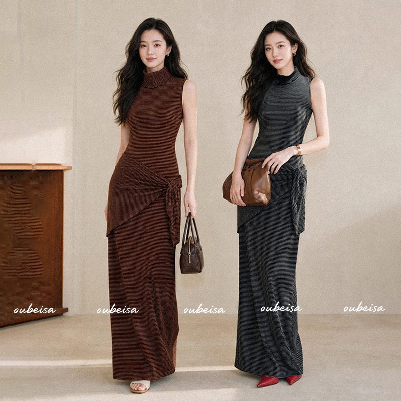 Elegant Sleeveless Slim-Fit Dress for Women 2026 New Autumn High-Neck Elegant Simple Long Dress Shawl Two-Piece Set