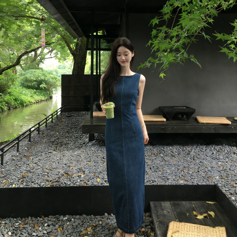 French-Style Twill Stretch Denim Dress for Women 2026 New Summer High-Quality Elegant Slimming Sleeveless Tank Dress