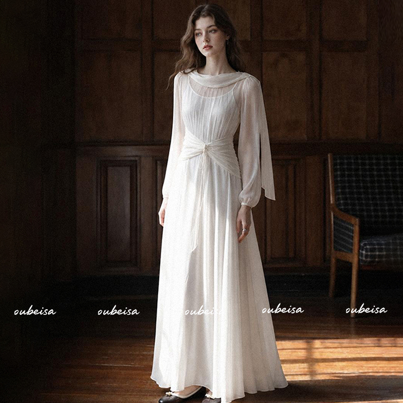 Elegant Aesthetic White Dress for Women, 2026 New Autumn Style, Cool and Refined White Moonlight Waist-Cinching Long A-Line Dress