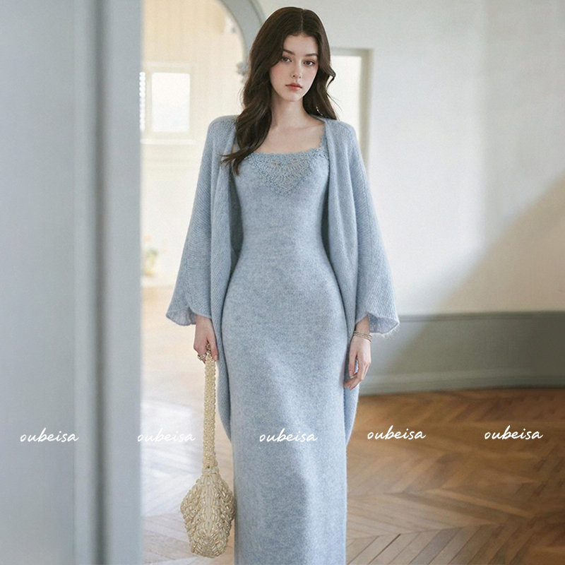 Early Autumn Mist Blue Mohair Knit Suit with Square Neck Crochet Strap Dress, Long Wide-Sleeved Cardigan Two-Piece Set