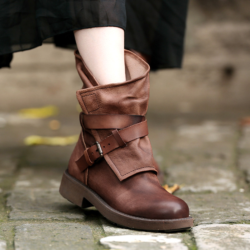 Detox home Wild no need to cover up Cowhide boots women's boots in barrel leather low heels vintage plus fleece winter boots