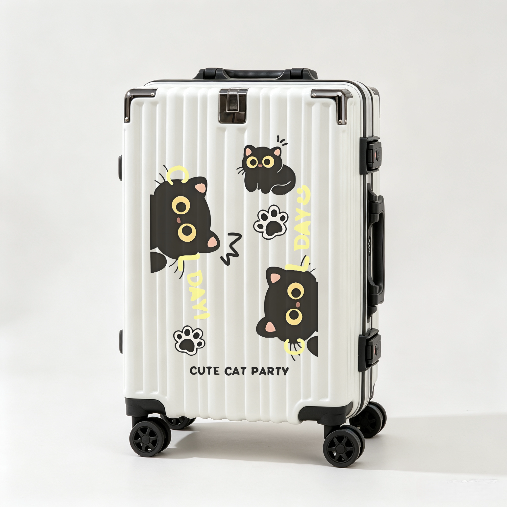 New cartoon cat-themed luggage with universal wheels, unisex, combination lock, cute student carry-on bag.