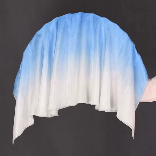 Настоящий шелковый танец фанат светло -голубой градиент двойной плюс растущий классический танец Длинный фанат Jiazhou Yangge Dancing Fan Silk Scarf