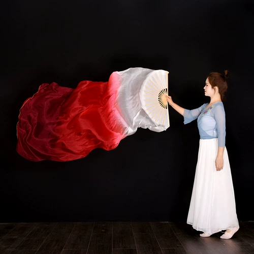 Обертывание танцевального веера из шелка, длинный плавающий реквизит для классического танца Wanjiang, танцевальный веер, ярко-красное вино, красный градиент, длинный шелковый веер