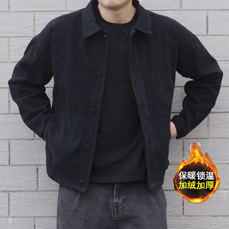 Clearance Sale Japanese Retro Autumn and Winter Denim Jacket for Men, Fleece-Lined and Thickened, Black Loose-Fitting Workwear Jacket