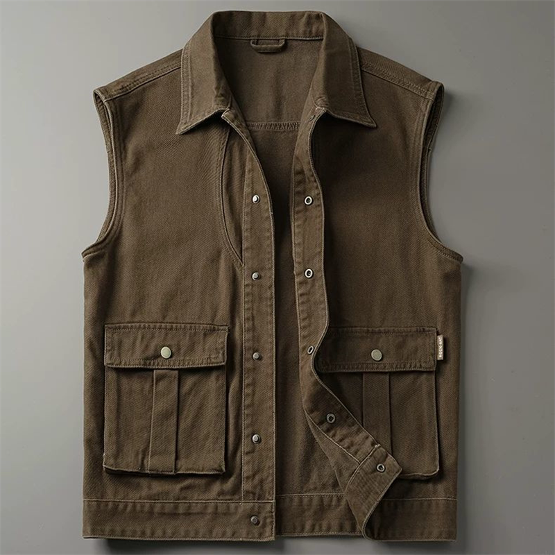High-End American-Style Lapel Sleeveless Vest for Men, New Spring and Autumn Outdoor Fishing Loose-Fitting Wear-Resistant Retro Workwear Jacket for Men