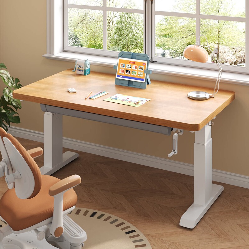 Adjustable Height Desk Student Home Use Solid Wood Children's Study Desk with Drawer and Elevated Shelf Manual Computer Desk