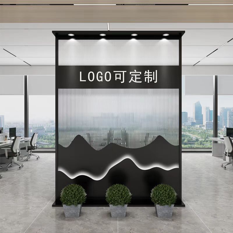 Office Iron Glass Partition Entrance Screen Simple Company Vertical Strip Cut Out Decoration Front Desk Entrance Image Wall
