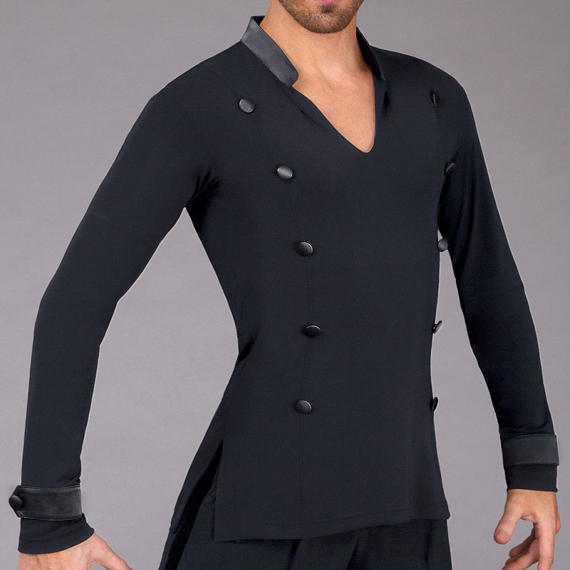 Exotic dance Latin small upright V collar long sleeve side open slit button for decoration for men Latin practice blouses MS18002