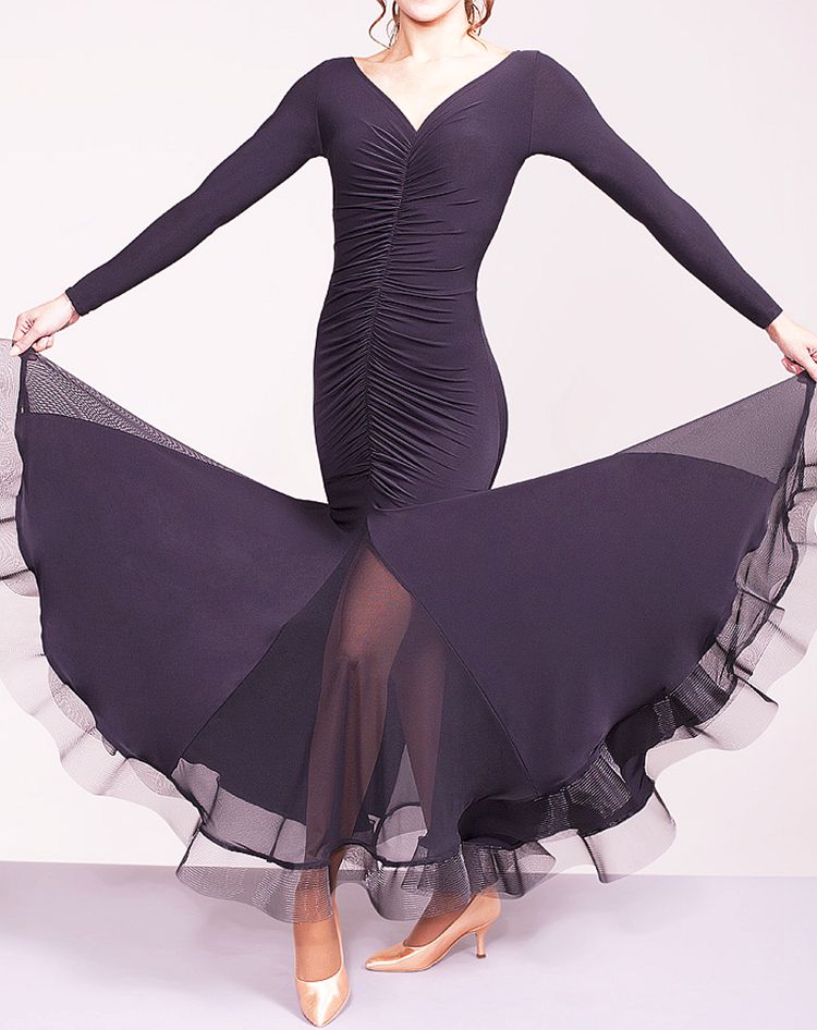 Exotic 2017 new front and back grips V collar Long sleeves Hip Broadside Cartilage Side Morden Dance Dress W17006-Taobao