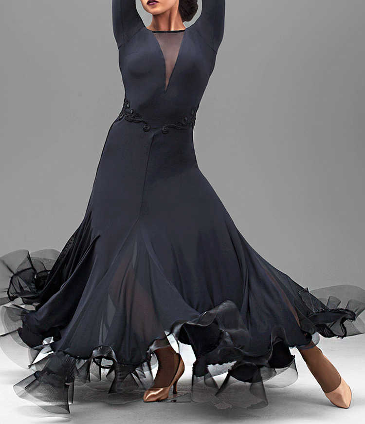 Exotical dance boat neck triangle transparent waist applique wide edge fishbone swing long sleeve modern dress W15056