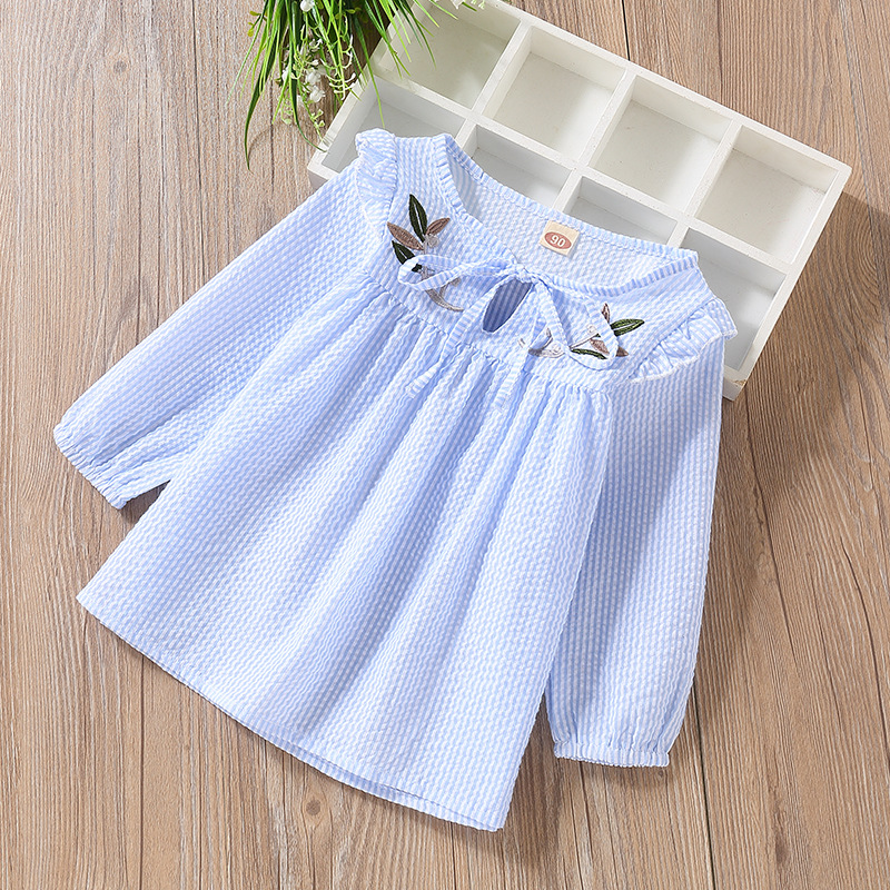 Mùa xuân hè mới áo sơ mi nữ tay dài Hàn Quốc bé gái cotton thêu áo thun bé gái áo ngoại - Áo sơ mi áo thun bé gái thu đông
