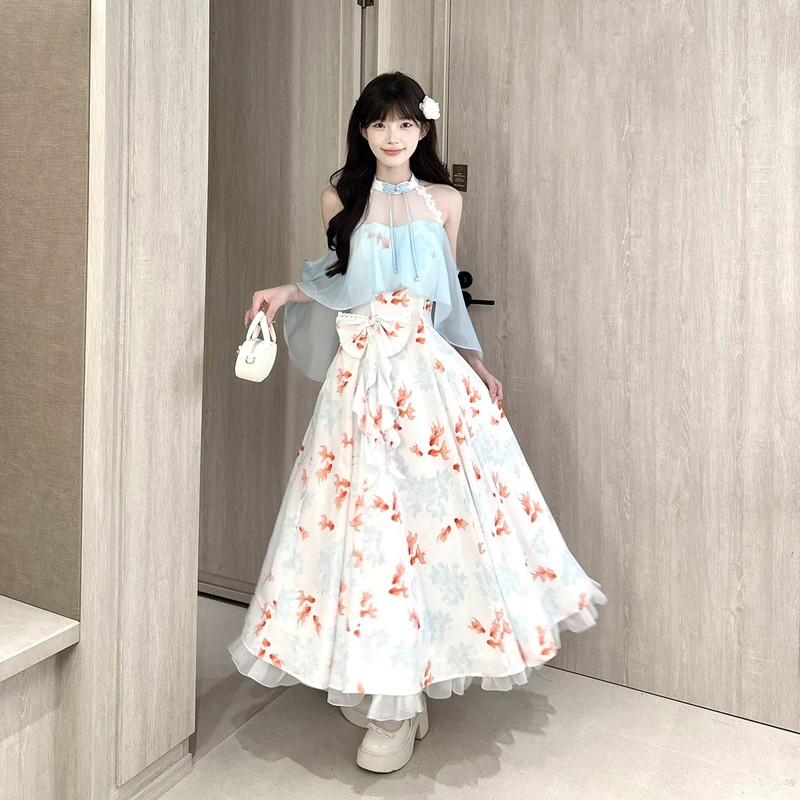 Platycodon House Goldfish Spruce Sweet and Gentle Style Printed Halter Neck Color-Block Puff Skirt Long Dress Platycodon House Goldfish Spruce Sweet and Gentle Style Printed Halter Neck Color-Block Puff Skirt Long Dress