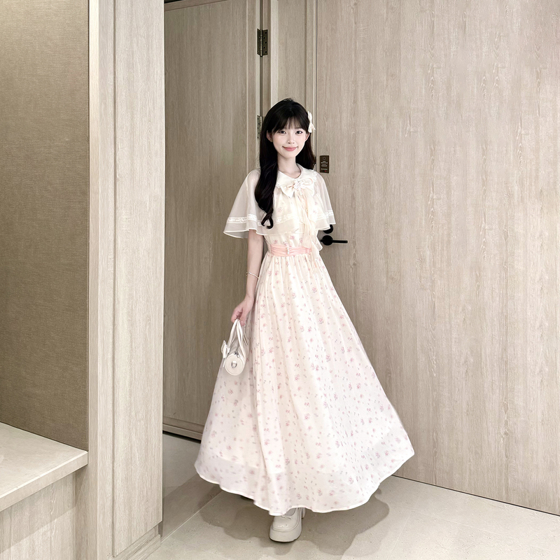 Platycodon House Evening Breeze Whisper French Style Chiffon Blouse Floral Waist-Tightening Long Dress Clear Style