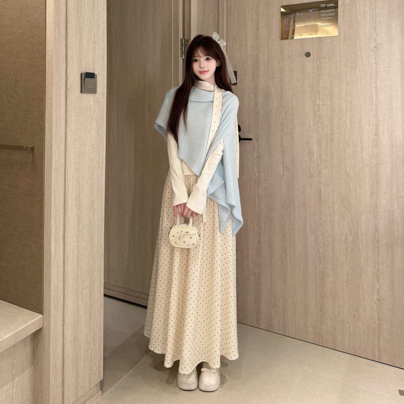 Platycodon House Southern French Holiday Blue Shawl Knitted Turtleneck Base Shirt Polka Dot Long Skirt Three-Piece Set Platycodon House Southern French Holiday Blue Shawl Knitted Turtleneck Base Shirt Polka Dot Long Skirt Three-Piece Set