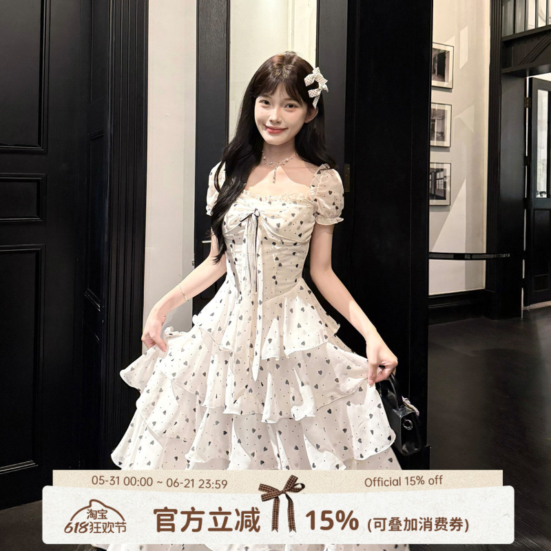 Kikyo House Cloud Layered French Square Neck Heart Polka Dot Dress for Women, Summer Waist-Cinching Slimming Cake Long Dress