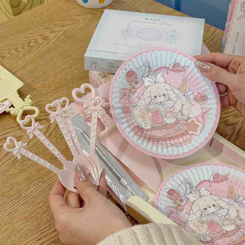 Hug Sauce Original Tableware Bowknot Cake Knife and Fork with Patterned Paper Plate Bakery Shop Tear-Off Tableware Set Packaging