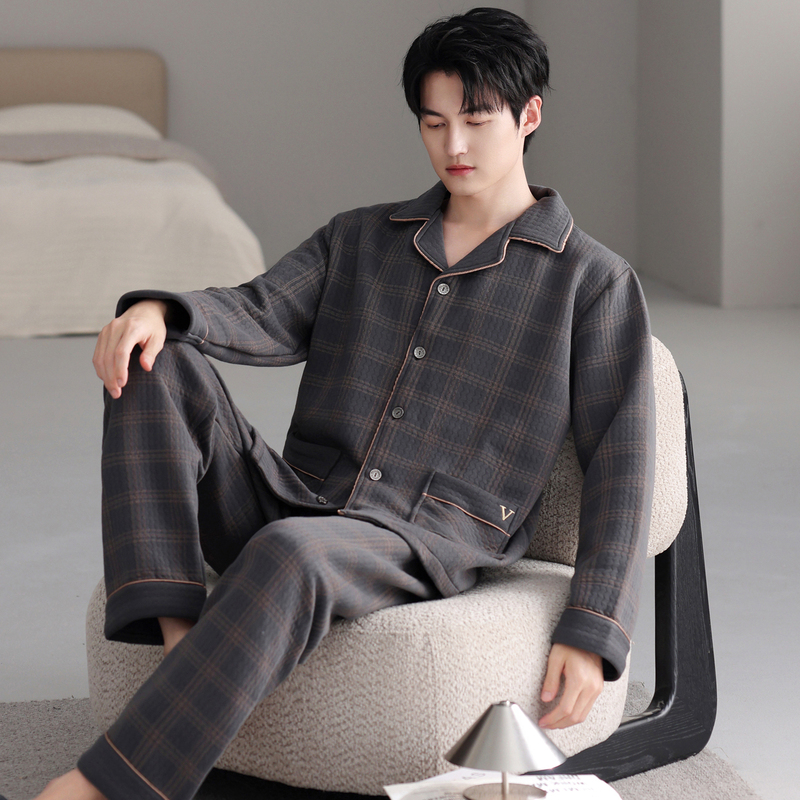Air Cotton Pajamas for Men, Spring and Autumn Style, Thickened Pure Cotton Long-Sleeved Home Wear, Autumn and Winter Style, High-End Quilted Layered Set