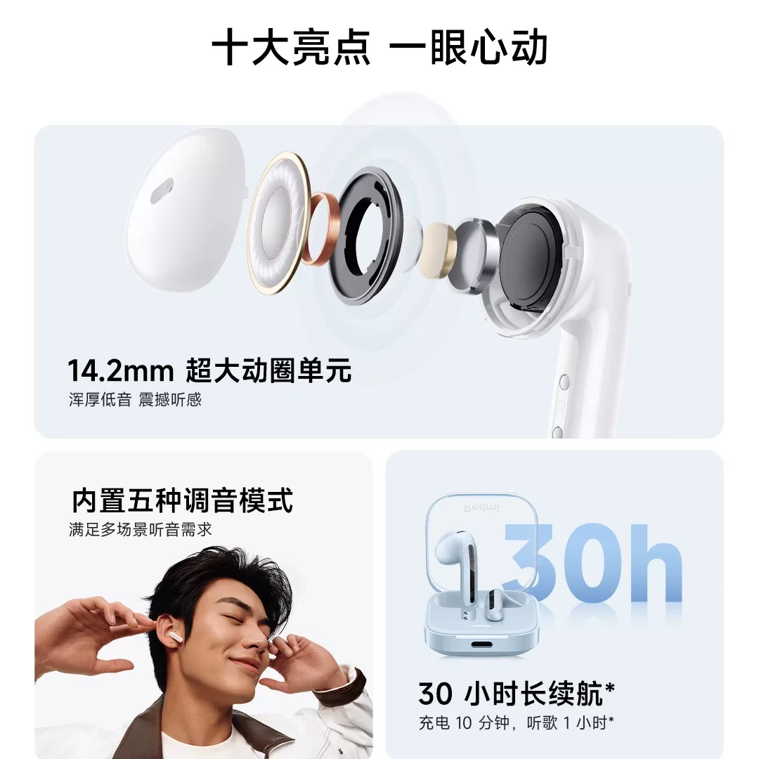 Xiaomi Redmibuds6 Vitality Edition Беспроводные Bluetooth наушники Redmi полузакрытые/наполовину-вставные, звонки, шумоподавление, длительная звучание