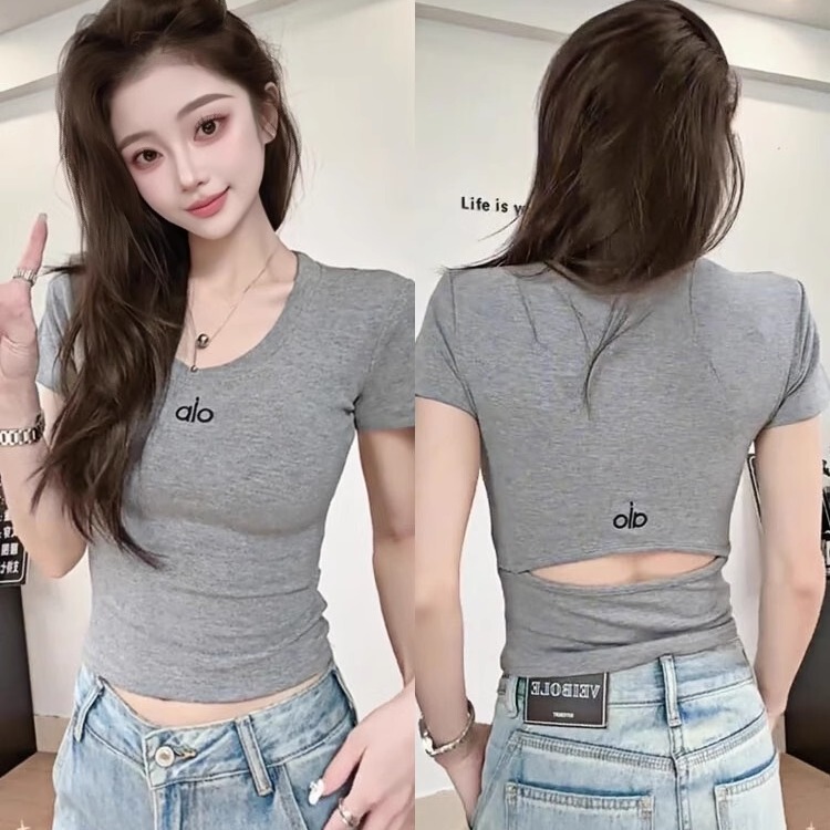 U-Neck Letter Embroidery Back Hollow-Out Short-Sleeve T-Shirt for Women 2026 Summer New Style Hot Girl Style Slim Fit Top