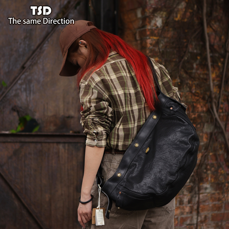 Tsd Handmade Leather Goods New Black Horsehide Newsboy Bag Crossbody Bag Shoulder Bag for Men and Women Genuine Leather Model 9093