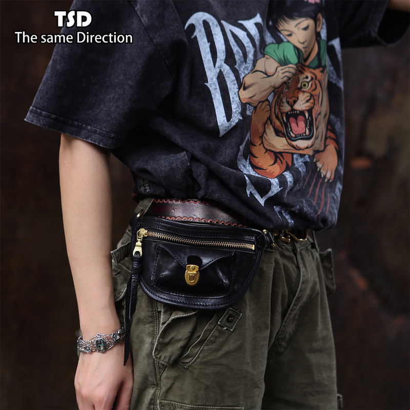 Tsd Leather Goods A-Grade Vintage Washed Vegetable-Tanned Horse Leather Mini Waist Bag Hanging Bag Earphone Bag Storage Bag for Men and Women 9064