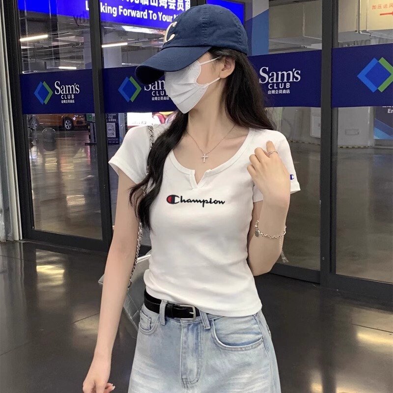 Japanese Style Trendy Brand Champion Summer White Short-Sleeve T-Shirt for Women, Slim Fit, Short Casual Versatile Top for Women