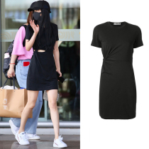 Yang Mi same clothes small man black short sleeve French dress female 2020 new waist thin temperament summer