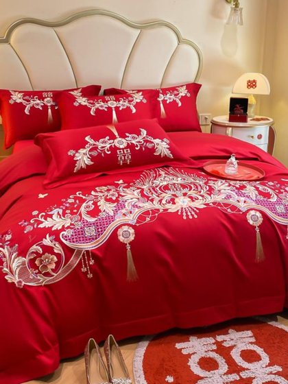 中式龙凤纯棉结婚四件套全棉刺绣被套大红色床单婚庆婚房床上用品