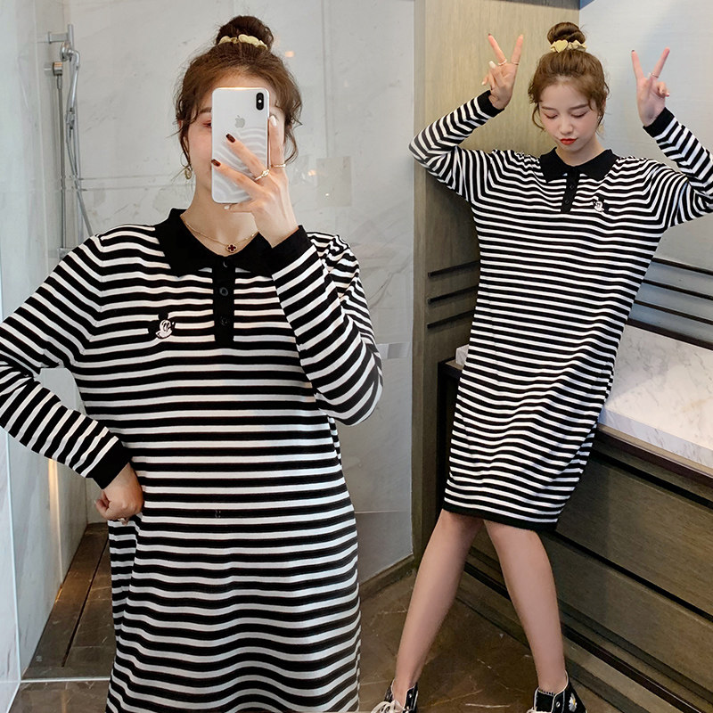 Plus size maternity dress 2022 spring dress loose slim striped sweater trendy mother western style top bottoming skirt