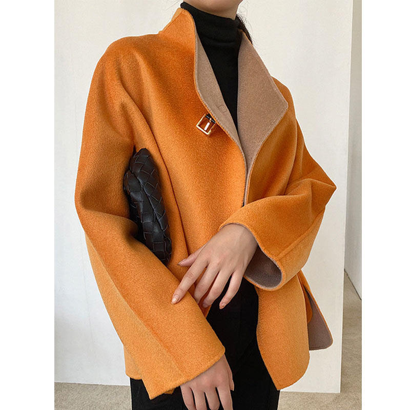 SOULKISS custom pure Australian wool stand-up collar leather loop concave shape double-sided woolen short wool coat women's coat