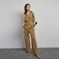 SOULKISS heavy simulation silk JIN mouth dyeing and finishing strapless V-neck sleeveless two-piece wide leg pants suit for women