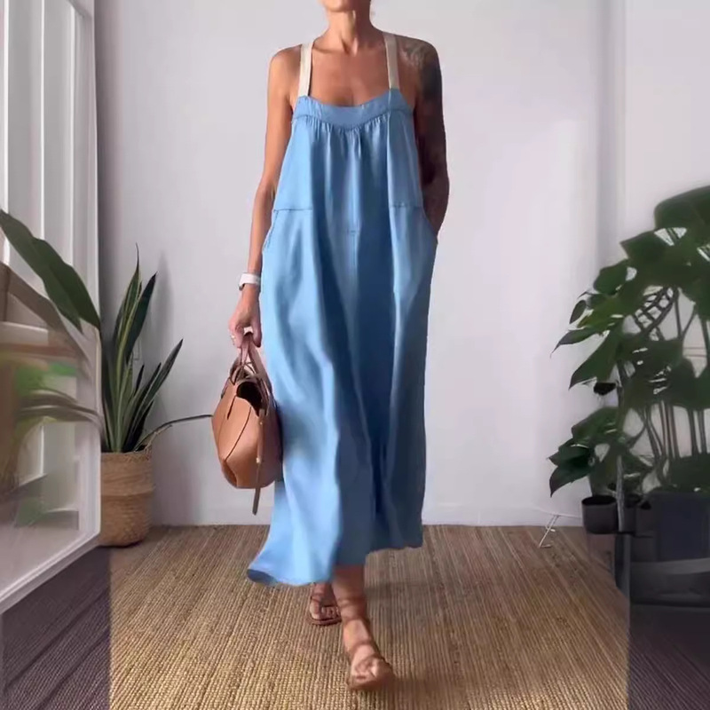Amazon European and American Cross-Border Independent Site Hot-Selling 2024 Summer New Casual Suspender Dress Long Dress