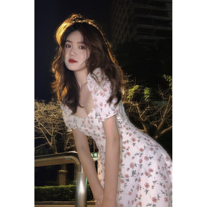 (TWO LEMON Spring Day Peach Painting) 2022 Summer New Gentleness Wind Crummy Dress Temperament Style Foreign Dress Woman